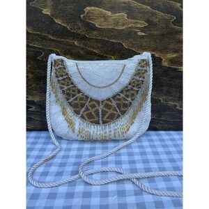 VTG‎ Nina Ricci Beaded Purse Crossbody Glass Bead Fringe Gold White Evening Bag